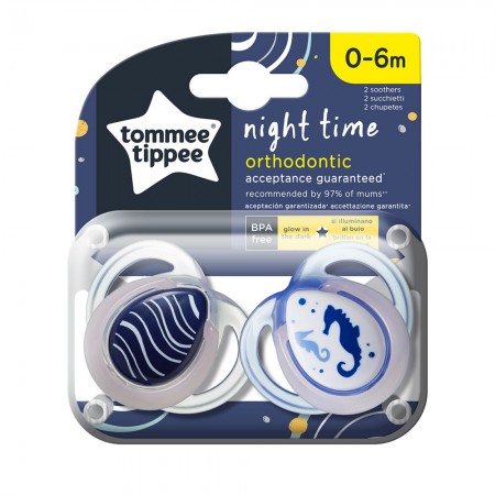 Tommee Tippee Ортодонтични залъгалки NIGHT TIME 0-6м, 2 бр./оп., Морско конче 43336165