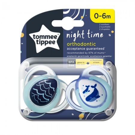 Tommee Tippee Ортодонтични залъгалки NIGHT TIME 0-6м, 2 бр./оп., Китове 43336165