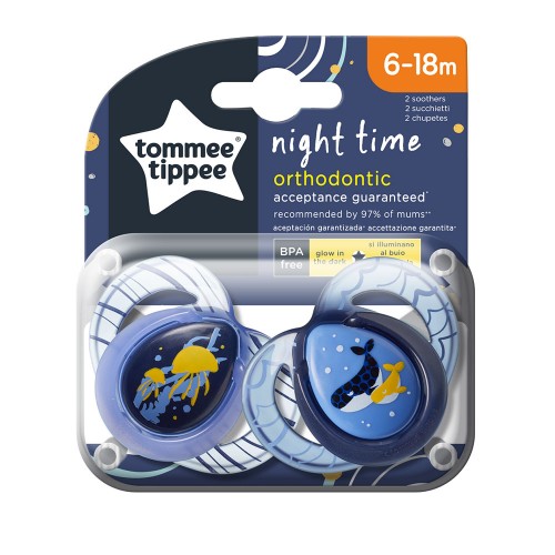 Tommee Tippee Ортодонтични залъгалки NIGHT TIME, 6-18м, 2 бр./оп., Китове 43336285