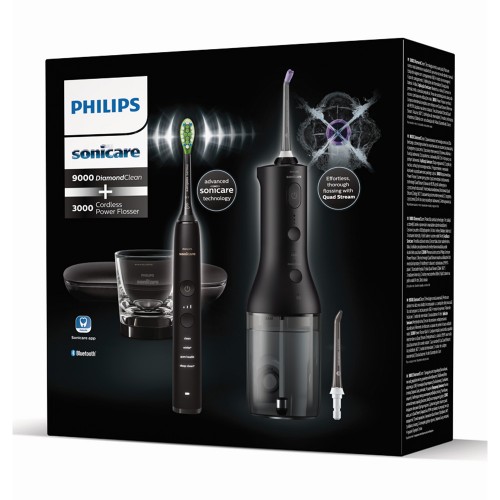 Орален душ Philips Sonicare Power Flosser 3000 Interdental и Звукочестотна четка за зъби Diamond Clean, серия 9000, черна HX3866/43