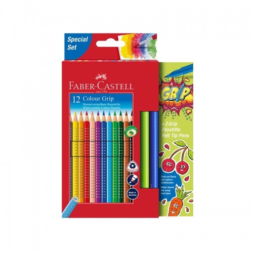 Faber-Castell Акварелни моливи Grip 2001, 12 цвята, в комплект с 2 флумастера Grip