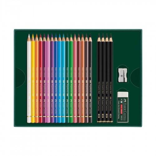 Faber-Castell Цветни моливи Polychromos, 17 цвята и чернографитни моливи Pitt Graphite Matt, 4 броя, в кутия