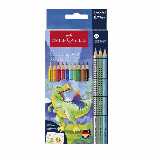 Faber-Castell Цветни моливи Grip 2001 - Динозавър, 10 стандартни и 3 металикови цвята