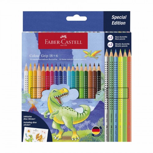 Faber-Castell Цветни моливи Grip 2001 - Динозавър, 18 стандартни, 3 неонови и 3 металикови цвята